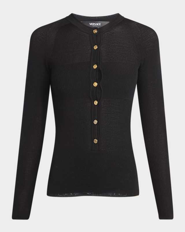Seamless Rib Long-Sleeve Henley Sweater